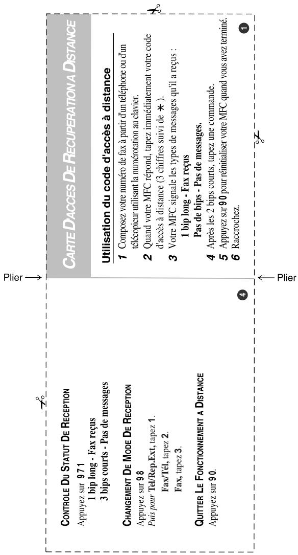 CONTROLE DU STATUT DE RECEPTION Appuyez sur 971 1 bip long - Fax reçus 3 bips courts - Pas de messages CHANGEMENT DE MODE DE RECEPTION Appuyez sur 98 Puis pour Tel/Rep.Ext, tapez 1. Fax/Tél, tapez 2. Fax, tapez 3. QUITTER LE FONCTIONNEMENT A DISTANCE Appuyez sur 90. CARTE D'ACCES DE RECUPERATION A DISTANCE Utilisation du code d'accès à distance 1 Composez votre numéro de fax à partir d'un téléphone ou d'un télécopieur utilisant la numérotation au clavier. 2 Quand votre MFC répond, tapez immédiatement votre code d'accès à distance (3 chiffres suivi de *). 3 Votre MFC signale les types de messages qu'il a reçus : 1 bip long - Fax reçus Pas de bips - Pas de messages. 4 Après les 2 bips courts, tapez une commande. 5 Appuyez sur 90 pour réinitialiser votre MFC quand vous avez terminé. 6 Raccrochez.