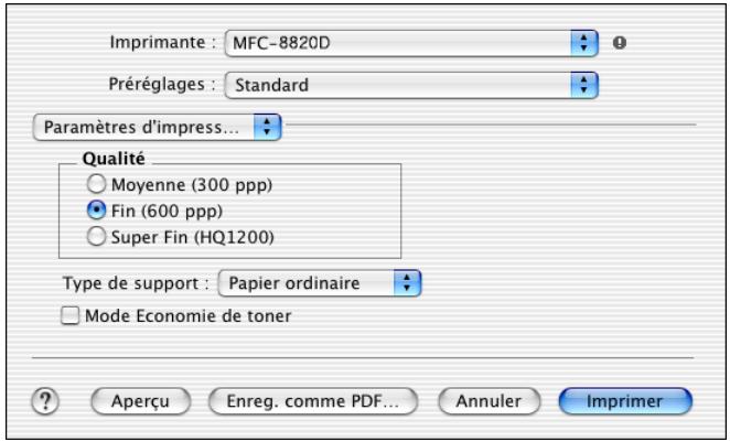 Imprimante : MFC-8820D Préréglages : Standard Paramètres d'impress... Qualité Moyenne (300 ppp) Fin (600 ppp) Super Fin (HQ1200) Type de support : Papier ordinaire Mode Economie de toner Aperçu Enreg. comme PDF... Annuler Imprimer