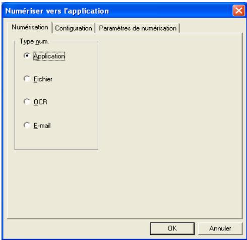 Numériser vers l'application Numérisation | Configuration | Paramètres de numérisation | Type num. ● Application ○ Fichier ○ QCR ○ E-mail OK Annuler