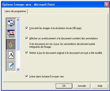 Options Envoyer vers - Microsoft Paint Liens de programme ✓ Convertir les images à la résolution écran (96 ppp) ✓ Afficher un avertissement si le document contient des annotations Si le document est mis à jour, les annotations deviennent partie intégrante de l'image. ✓ Mettre à jour le document original si le document envoyé a été modifié ✓ Icône dans la barre Envoyer vers OK Annuler Aide