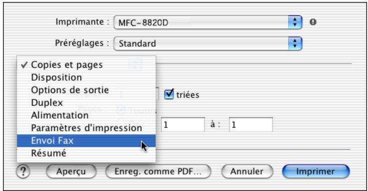 Imprimante : MFC-8820D Préréglages : Standard ✓ Copies et pages Disposition Options de sortie Duplex Alimentation Paramètres d'impression Envoi Fax Résumé Aperçu Enreg. comme PDF... Annuler Imprimer