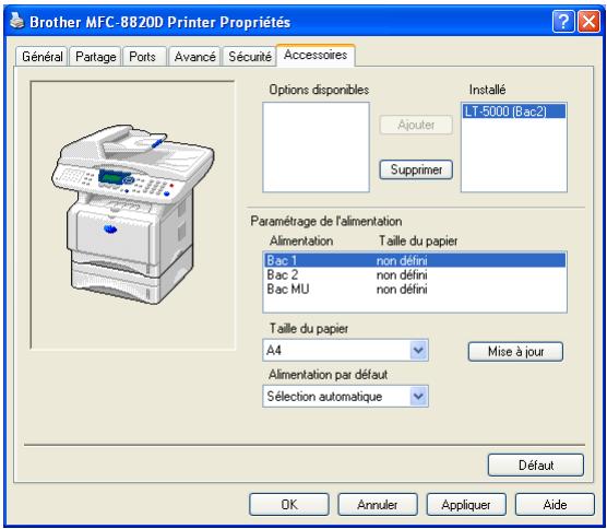 Brother MFC-8820D Printer Propriétés Général Partage Ports Avancé Sécurité Accessoires Options disponibles Installé LT-5000 (Bac2) Ajouter Supprimer Paramétrage de l'alimentation Alimentation Taille du papier Bac 1 non défini Bac 2 non défini Bac MU non défini Taille du papier A4 Mise à jour Alimentation par défaut Sélection automatique Défaut OK Annuler Appliquer Aide