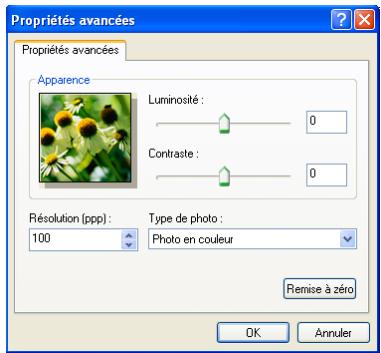 Propriétés avancées Propriétés avancées Apparence Luminosité : Contraste : Résolution (ppp) : 100 Type de photo : Photo en couleur Remise à zéro OK Annuler