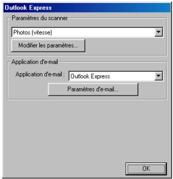 Outlook Express Paramètres du scanner Photos (vitesse) Modifier les paramètres... Application d'e-mail Application d'e-mail: Outlook Express Paramètres d'e-mail... OK