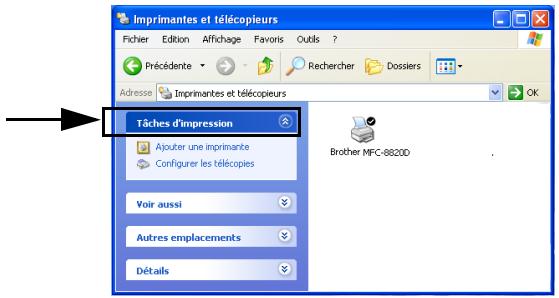 Imprimantes et télécopieurs Fichier Edition Affichage Favoris Outils ? Précédente Rechercher Dossiers Adresse Imprimantes et télécopieurs Tâches d'impression Ajouter une imprimante Configurer les télécopies Voir aussi Autres emplacements Détails Brother MFC-8820D