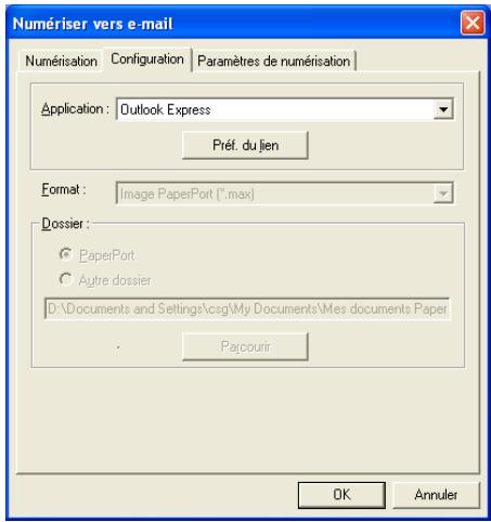 Numériser vers e-mail Numérisation Configuration Paramètres de numérisation Application: Outlook Express Préf. du lien Format: Image PaperPort (*.max) Dossier: PaperPort Autre dossier D:\Documents and Settings\csg\My Documents\Mes documents Paper Parcourir OK Annuler