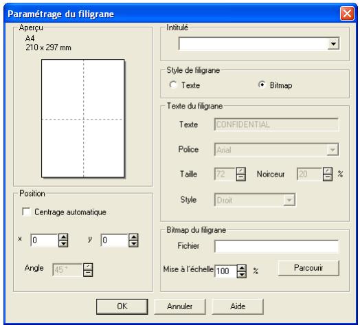 Paramétrage du filigrane Aperçu A4 210 x 297 mm Position Centrage automatique x 0 y 0 Angle 45° Initulé Style de filigrane Texte Bitmap Texte du filigrane Texte CONFIDENTIAL Police Arial Taille 72 Noirceur 20 % Style Droit Bitmap du filigrane Fichier Mise à l'échelle 100 % Parcourir OK Annuler Aide