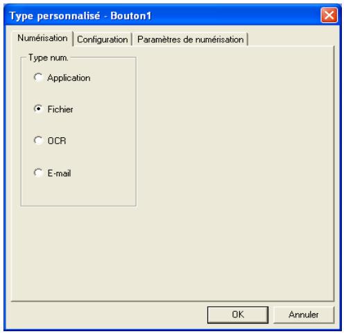 Type personnalisé - Bouton1 Numérisation | Configuration | Paramètres de numérisation | Type num. ○ Application ● Fichier ○ OCR ○ E-mail OK Annuler