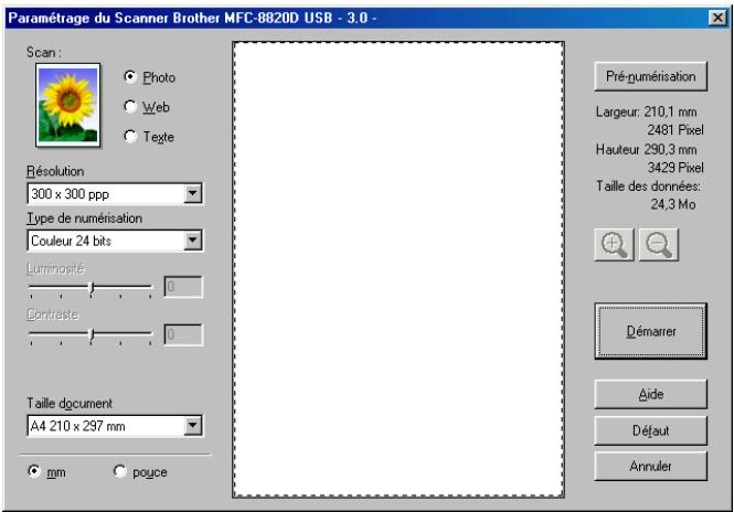 Paramétrage du Scanner Brother MFC-8820D USB - 3.0 - Scan : Photo Web Tegte Résolution 300 x 300 ppp Type de numérisation Couleur 24 bits Luminosité Contraste Taille document A4 210 x 297 mm mm pouce Pré-numérisation Largeur: 210,1 mm 2481 Pixel Hauteur 290,3 mm 3429 Pixel Taille des données: 24,3 Mo Démarrer Aide Défaut Annuler