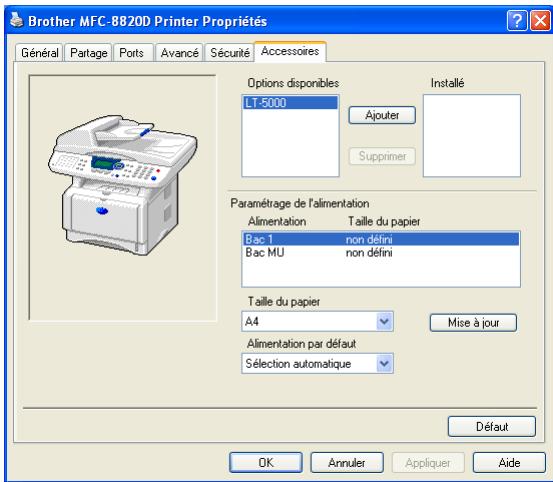Brother MFC-8820D Printer Propriétés Général Partage Ports Avancé Sécurité Accessoires Options disponibles LT-5000 Installé Ajouter Supprimer Paramétrage de l'alimentation Alimentation Taille du papier Bac 1 non défini Bac MU non défini Taille du papier A4 Mise à jour Alimentation par défaut Sélection automatique Défaut OK Annuler Appliquer Aide