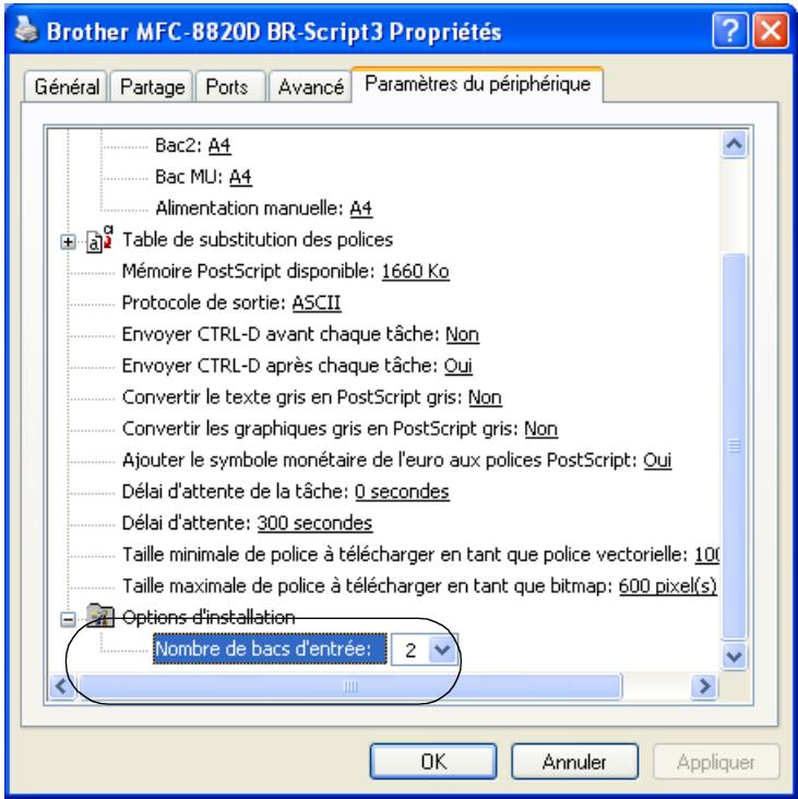 Brother MFC-8820D BR-Script3 Propriétés Général Partage Ports Avancé Paramètres du périphérique Bac2: A4 Bac MU: A4 Alimentation manuelle: A4 Table de substitution des polices Mémoire PostScript disponible: 1660 Ko Protocole de sortie: ASCII Envoyer CTRL-D avant chaque tâche: Non Envoyer CTRL-D après chaque tâche: Oui Convertir le texte gris en PostScript gris: Non Convertir les graphiques gris en PostScript gris: Non Ajouter le symbole monétaire de l'euro aux polices PostScript: Oui Délai d'attente de la tâche: 0 secondes Délai d'attente: 300 secondes Taille minimale de police à télécharger en tant que police vectorielle: 100 Taille maximale de police à télécharger en tant que bitmap: 600 pixel(s) Options d'installation Nombre de bacs d'entrée: 2 OK Annuler Appliquer