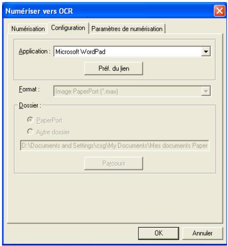 Numériser vers OCR Numérisation Configuration Paramètres de numérisation Application: Microsoft WordPad Préf. du lien Format: Image PaperPort (*.max) Dossier: PaperPort Autre dossier D:\Documents and Settings\csg\My Documents\Mes documents Paper Parcourir OK Annuler