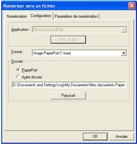 Numériser vers un fichier Numérisation Configuration Paramètres de numérisation Application: Microsoft WordPad Préf: du lien Format: Image PaperPort (*.max) Dossier: • PaperPort ○ Autre dossier D:\Documents and Settings\csg\My Documents\Mes documents Paper Parcourir OK Annuler