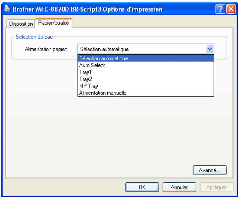 Brother MFC-8820D BR-Script3 Options d'impression Disposition Papier/qualité Sélection du bac Alimentation papier: Sélection automatique Sélection automatique Auto Select Tray1 Tray2 MP Tray Alimentation manuelle Avancé... OK Annuler Appliquer