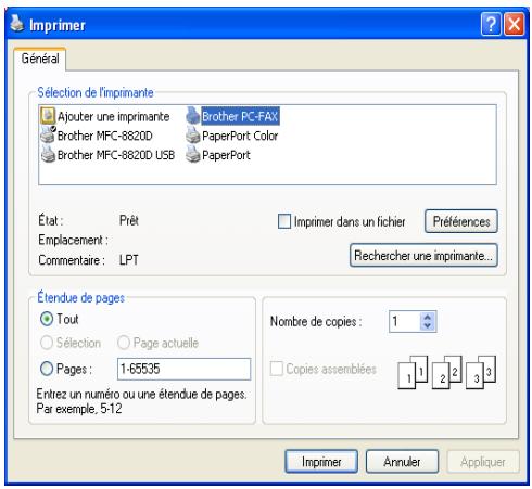 Imprimer Général Selection de l'imprimante Ajouter une imprimante Brother MFC-8820D PaperPort Color Brother MFC-88200 USB PaperPort État : Prêt Enplacement : Commentaire : LPT Imprimer dans un fichier Préférences Rechercher une imprimante... Étendue de pages Tout Sélection Page actuelle Pages : 1-65535 Nombre de copies : 1 Copies assemblées 1 2 3 3 Entrez un numéro ou une étendue de pages. Par exemple, 5-12 Imprimer Annuler Appliquer