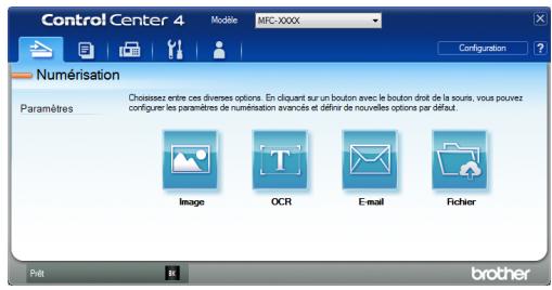 Control Center 4 Modèle MFC-XXXX Configuration ? Numérisation Paramètres Choissez entre ces diverses options. En cliquant sur un bouton avec le bouton droit de la soura, vous pouvez configurer les paramètres de numérisation avancés et définir de nouvelles options par défaut. Image OCR E-mail Fichier Pilt brother