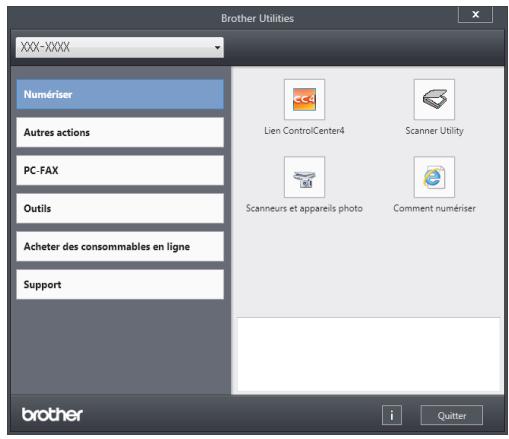 Brother Utilities XXX-XXX Numériser Autres actions PC-FAX Outils Acheter des consommables en ligne Support Lien ControlCenter4 Scanner Utility Scanneurs et appareils photo Comment numériser brother i Quitter