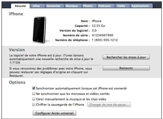 APPLE IPHONE OS 3.0 - Volets des réglages iPhone dans iTunes - 1