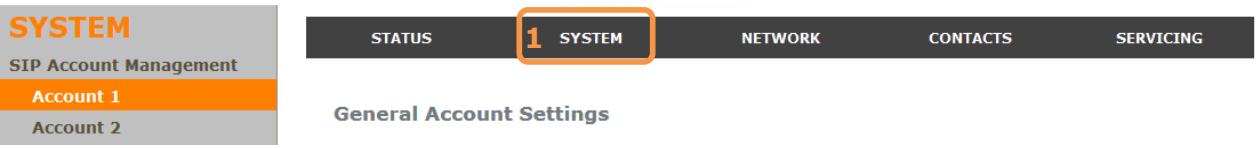 SYSTEM SIP Account Management Account 1 Account 2 STATUS 1 SYSTEM NETWORK CONTACTS SERVICING General Account Settings