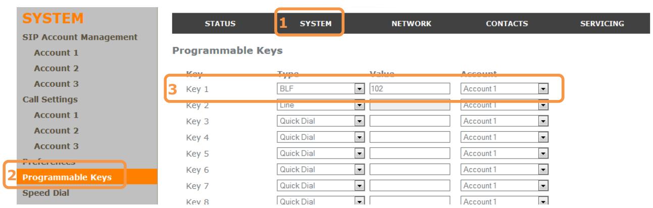 SYSTEM SIP Account Management Account 1 Account 2 Account 3 Call Settings Account 1 Account 2 Account 3 Preferences 2 Programmable Keys Speed Dial STATUS 1 SYSTEM NETWORK CONTACTS SERVICING Programmable Keys Key Way Value Account 3 Key 1 BLF 102 Account 1 Key 2 Line Account 1 Key 3 Quick Dial Account 1 Key 4 Quick Dial Account 1 Key 5 Quick Dial Account 1 Key 6 Quick Dial Account 1 Key 7 Quick Dial Account 1 Key 8 Quick Dial Account 1