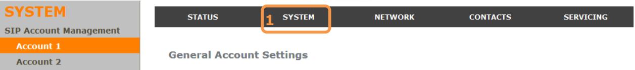 SYSTEM SIP Account Management Account 1 Account 2 STATUS 1 SYSTEM NETWORK CONTACTS SERVICING General Account Settings