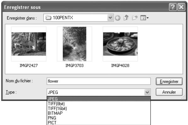 PENTAX K10D - Spécifiez les paramètres [enregistrer dans], [nom du fichier] et [type], puis cliquez sur [enregistrer]. - 1
