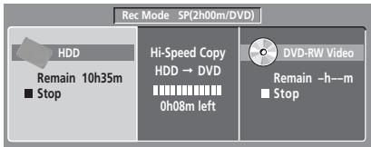 Rec Mode SP(2h00m/DVD) HDD Remain 10h35m ■ Stop Hi-Speed Copy HDD → DVD 0h08m left DVD-RW Video Remain -h—m ■ Stop