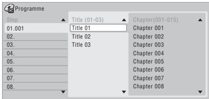 Programme Step 01.001 02. 03. 04. 05. 06. 07. 08. Title (01-03) Title 01 Title 02 Title 03 Chapter (001-015) Chapter 001 Chapter 002 Chapter 003 Chapter 004 Chapter 005 Chapter 006 Chapter 007 Chapter 008