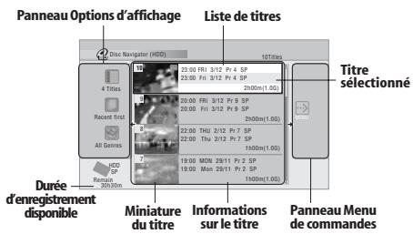 Panneau Options d'affichage Liste de titres Dias Navigator (HDD) 1070 items 23:00 Fri 3/12 Pr 4 SP 23:00 Fri 3/12 Pr 5 SP 2h00m(1.0G) 20:00 Fri 3/12 Pr 9 SP 20:00 Fri 3/12 Pr 9 SP 2h00m(1.0G) 22:00 Thu 2/12 Pr 7 SP 22:00 Thu 2/12 Pr 7 SP 1h00m(1.0G) 19:00 Mon 29/11 Pr 2 SP 19:00 Mon 29/11 Pr 2 SP 1h00m(1.0G) Titre sélectionné Recent first All Genres HDD SP Retain 26h30m Durée d'enregistrement disponible Miniature du titre Informations sur le titre Panneau Menu de commandes