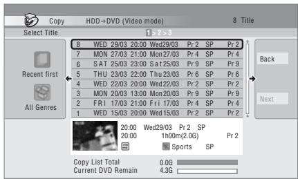 Copy HDD→DVD (Video mode) 8 Title Select Title 1.2.5.5 8 WED 29/03 20:00 Wed29/03 Pr 2 SP Pr 2 7 MON 27/03 21:00 Mon27/03 Pr 4 SP Pr 4 6 SAT 25/03 23:00 Sa125/03 Pr 9 SP Pr 9 5 THU 23/03 22:00 Thu23/03 Pr 6 SP Pr 6 4 WED 22/03 20:00 Wed22/03 Pr 2 SP Pr 2 3 MON 20/03 13:00 Mon20/03 Pr 9 SP Pr 9 2 FRI 17/03 21:00 Fri17/03 Pr 4 SP Pr 4 1 WED 15/03 20:00 Wed15/03 Pr 2 SP Pr 2 Recent first All Genres 20:00 Wed29/03 Pr 2 SP 20:00 1h00m(2.0G) Pr 2 Sports SP Copy List Total 0.0G Current DVD Remain 4.3G Back Next