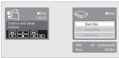■Stop 1.02.22 Control with these buttons ■Stop Start Rec Pause Rec Stop Rec HDD SP (2h00m/DVD) Rem. 32h45m
