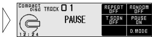 Compact DISC TRACK 01 12:24 PAUSE REPEAT OFF RANDOM OFF T.SCON OFF POUSE ON D.MODE
