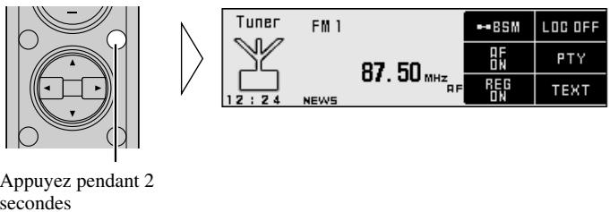 Tuner FM1 12:24 NEWS 87.50MHz RF ON REF ON LOC OFF RF ON PTY REG ON TEXT Appuyez pendant 2 seconds