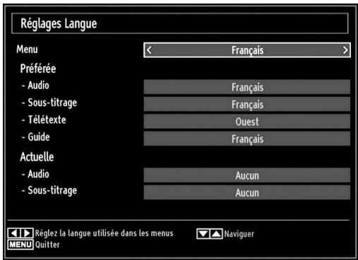 Réglages Langue Menu < Français > Préférée - Audio - Sous-titrage - Télétexte - Guide Français Français Français Ouest Français Actuelle - Audio - Sous-titrage Aucun Aucun Réglez la langue utilisée dans les menus Naviguer MENU Quitter