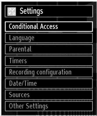 Settings Conditional Access Language Parental Timers Recording configuration Date/Time Sources Other Settings