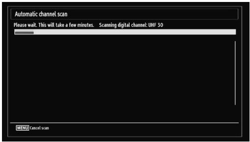Automatic channel scan Please wait. This will take a few minutes. Scanning digital channel: UHF 30 MENU Cancel scan
