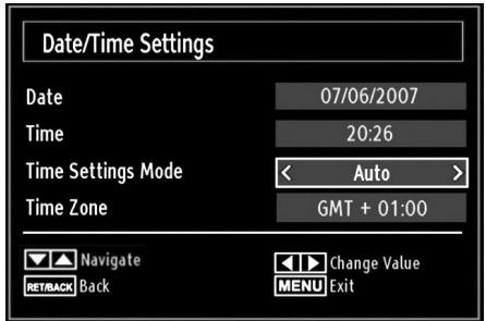 Date/Time Settings Date 07/06/2007 Time 20:26 Time Settings Mode < Auto > Time Zone GMT + 01:00 Navigate Change Value REBACK Back MENU Exit