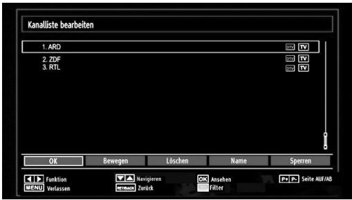 Kanalliste bearbeiten 1. ARD 2. ZDF 3. RTL OK Bewegen Löschen Name Sperren FUND Wetlassen Navigieren Zurück Ansehen Filter Seite AUF/AB