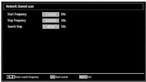Network channel scan Start Frequency 114000 KHz Stop Frequency 858000 KHz Search Step 8000 KHz Enter search frequency OK Start search MENU Exit