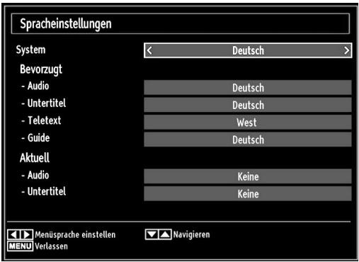 Spracheinstellungen System < Deutsch > Bevorzugt - Audio Deutsch - Untertitel Deutsch - Teletext West - Guide Deutsch Aktuell - Audio Keine - Untertitel Keine Menüsprache einstellen Navigieren MENU Verlassen