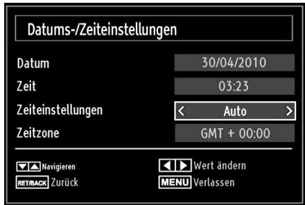 Datums-/Zeiteinstellungen Datum 30/04/2010 Zeit 03:23 Zeiteinstellungen < Auto > Zeitzone GMT + 00:00 Navigieren Wert ändern RETBACK Zurück MENU Verlassen