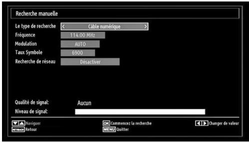 Recherche manuelle Le type de recherche Câble numérique Fréquence 114.00 MHz Modulation AUTO Taux Symbole 6900 Recherche de réseau Déactiver Qualité de signal: Aucun Niveau de signal: Navigator Commencez la recherche Changer de valeur Refour MEND Quitter