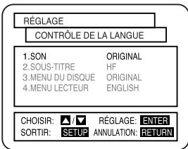 RÉGLAGE CONTRÔLE DE LA LANGUE 1.SON ORIGINAL 2.SOUS-TITRE HF 3.MENU DU DISQUE ORIGINAL 4.MENU LECTEUR ENGLISH CHOISIR: ▲/▼ RÉGLAGE: ENTER SORTIR: SETUP ANNULATION: RETURN