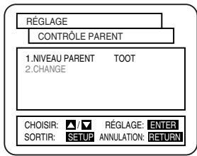 RÉGLAGE CONTROLE PARENT 1.NIVEAU PARENT TOOT 2.CHANGE CHOISIR: ✓/▼ RÉGLAGE: ENTER SORTIR: SETUP ANNULATION: RETURN