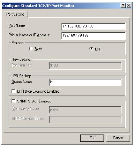 SHARP FO-DC535 - The "Configure Standard TCP/IP Port Monitor" window will appear. Select LPR for the protocol, and enter any name for the queue name. Click OK. - 1