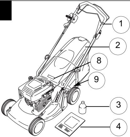 Labeled diagram of a lawn mower with numbered parts for identification