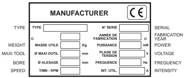 MANUFACTURER TYPE N° SERIE SERIAL O ANNEE DE FABRICATION O FABRICATION YEAR WEIGHT MASSU UTILE Kg PUISSANCE kW POWER MAXI TOOL Ø MAXI OUTIL mm PLAGE DE TENSION V VOLTAGE BORE Ø ALESAGE mm FREQUENCE Hz FREQUENCY SPEED T/MN - RPM INT. UTIL. A INTENSITY