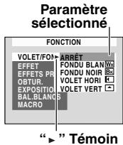 Paramètre sélectionné FONCTION VOLET/FON ARRÊT EFFET FONDU BLAN OBTUR. FONDU NOIR EXPOSITION FOLET HORIZ BAL.BLANS MACRO FOLET VERT “►” Témoin
