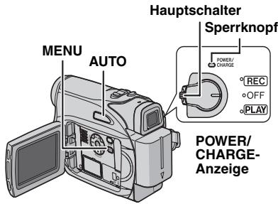Hauptschalter Sperrknopf POWER/ CHARGE REC OFF PLAY POWER/ CHARGE- Anzeige MENU AUTO