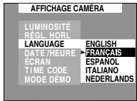 AFFICHAGE CAMÉRA LUMINOSITÉ RÉGL. HORL LANGUAGE DATE/HEURE ECRAN TIME CODE MODE DÉMO ENGLISH FRANÇAIS ESPAÑOL ITALIANO NEDERLANDS
